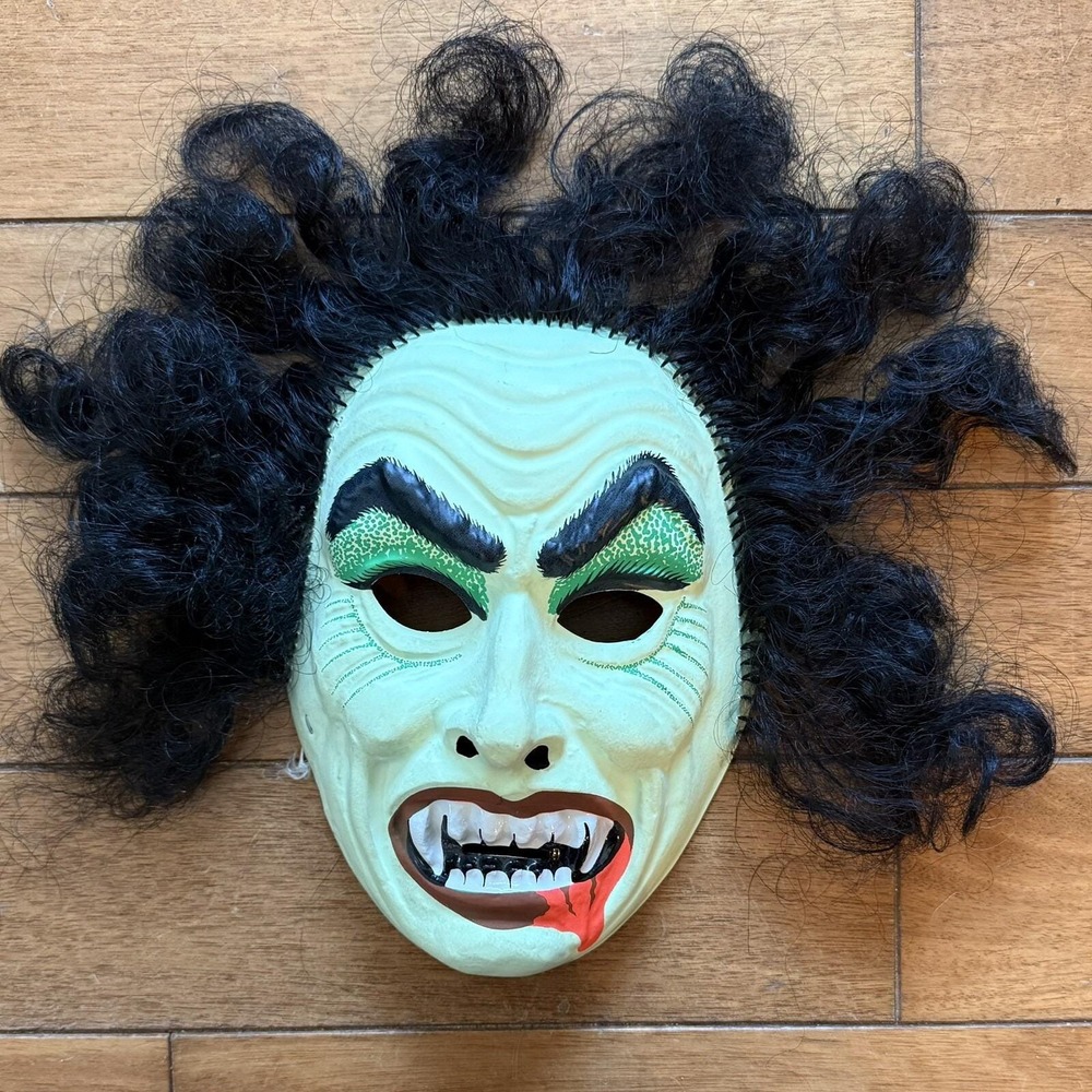 VTG 1970s Ben Cooper‎ Hairy Scary Green Vampire Plastic Mask Dracula Halloween